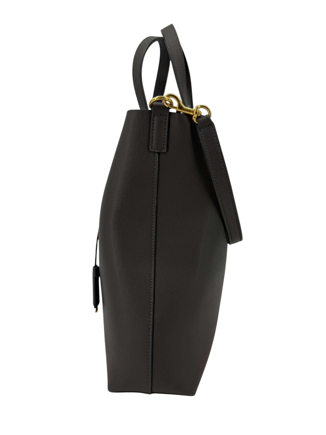 Saint Laurent Toy Shopping Bag in Charcoal Gray Leather | LuxLoveLouis side view showcasing its sleek design and supple leather.