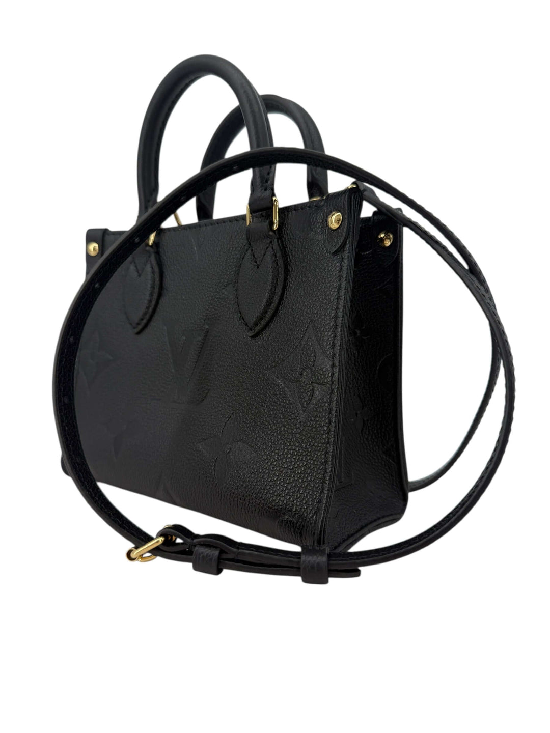 Louis Vuitton OnTheGo BB Monogram Empreinte Black | LuxLoveLouis side view showcasing its elegant design and leather craftsmanship