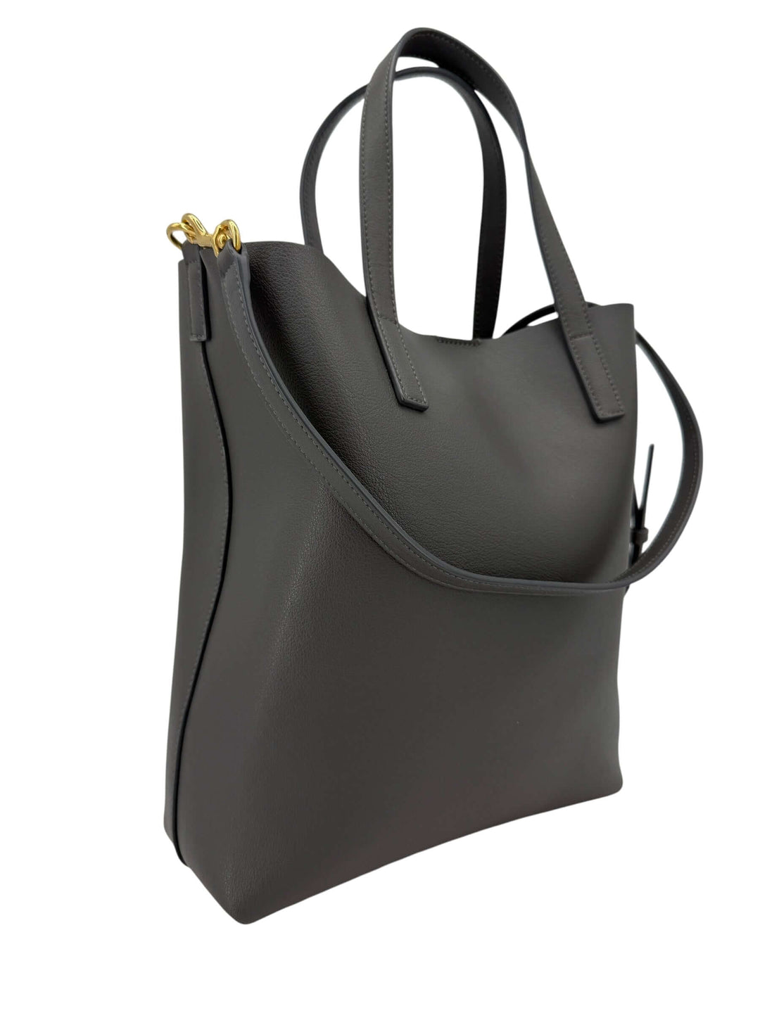 Saint Laurent Toy Shopping Bag in Charcoal Gray Leather | LuxLoveLouis, sleek calfskin leather tote with detachable shoulder strap.