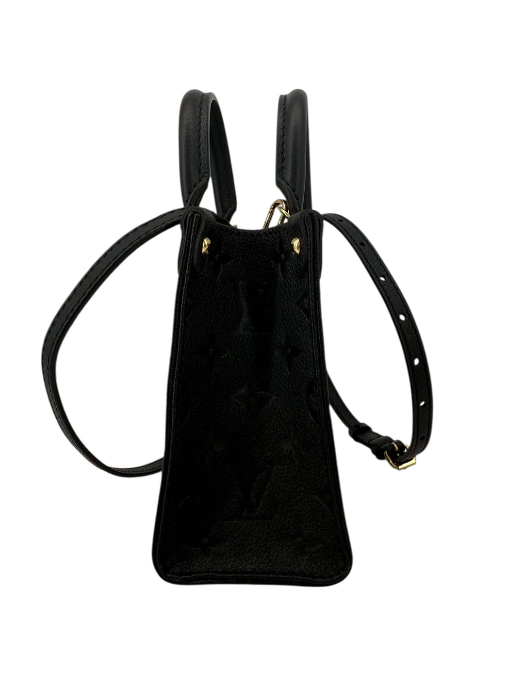 Louis Vuitton OnTheGo BB Monogram Empreinte Black | LuxLoveLouis handbag displayed from the side, showcasing its sleek design.