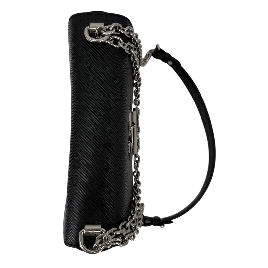 Louis Vuitton Epi Twist MM Black Noir Crossbody Shoulder Bag side view with silver chain strap