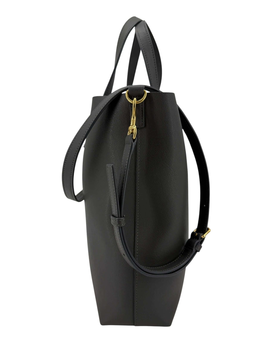 Saint Laurent Toy Shopping Bag in Charcoal Gray Leather | LuxLoveLouis side view showcasing its minimalist design and shoulder strap.