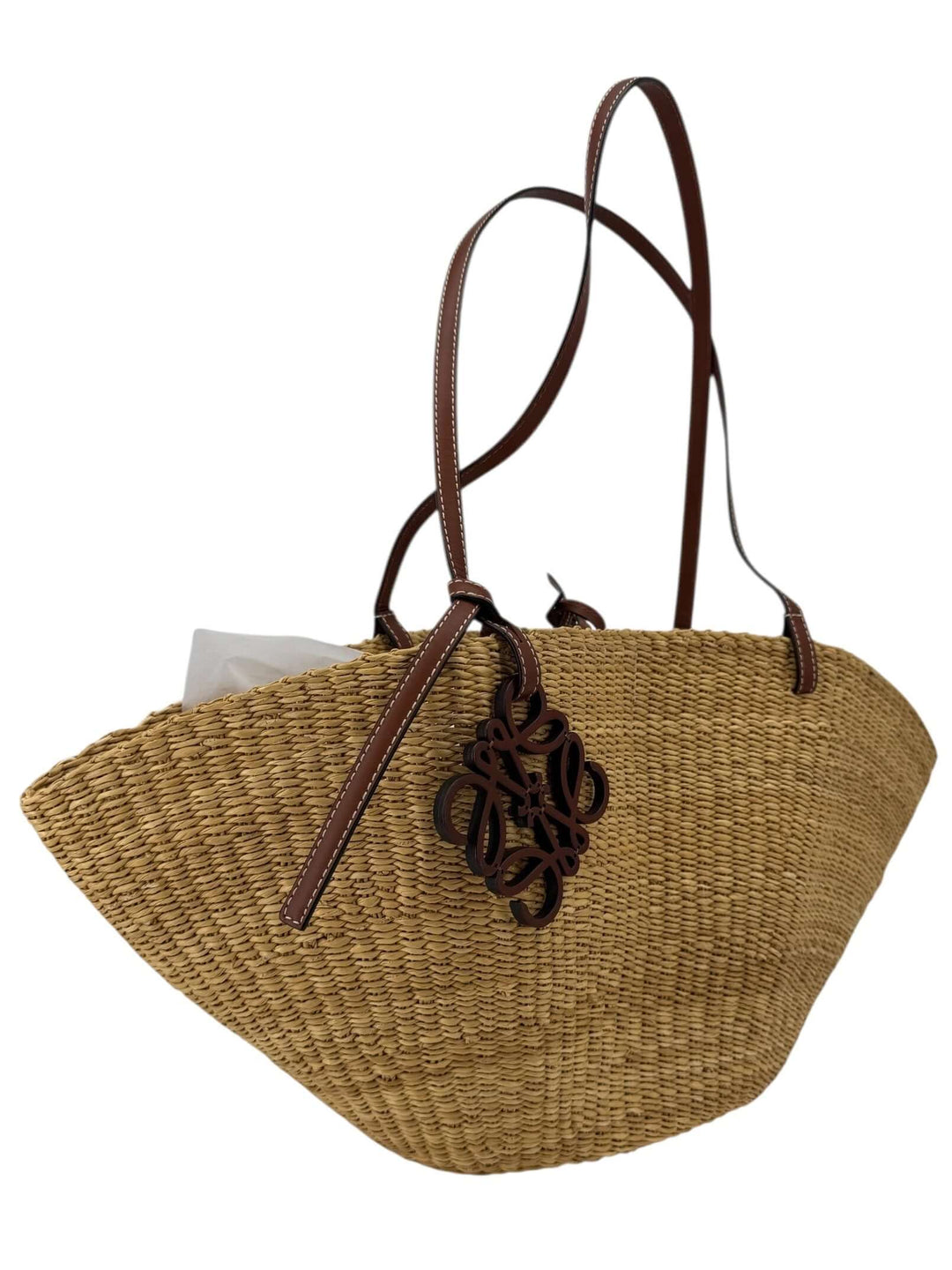 Loewe Raffia Basket Tote in Brown & Natural Tan | LuxLoveLouis featuring a chic open-top design and leather accents.