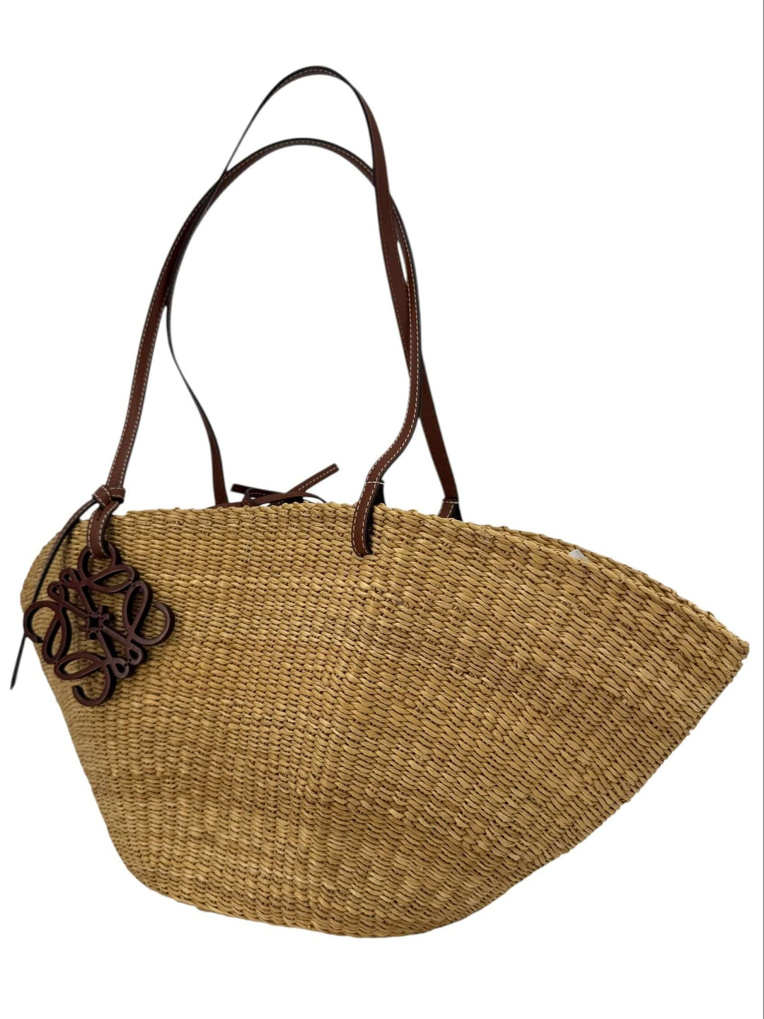 Loewe Raffia Basket Tote in Brown & Natural Tan | LuxLoveLouis, handcrafted tote with leather accents and sculptural shape.