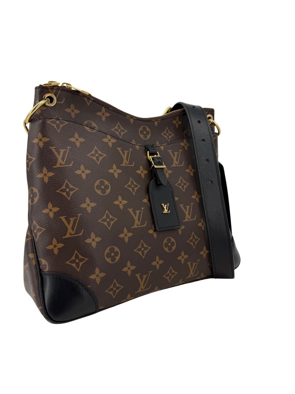 Louis Vuitton Monogram Odeon MM black trim shoulder bag with adjustable strap and gold hardware.