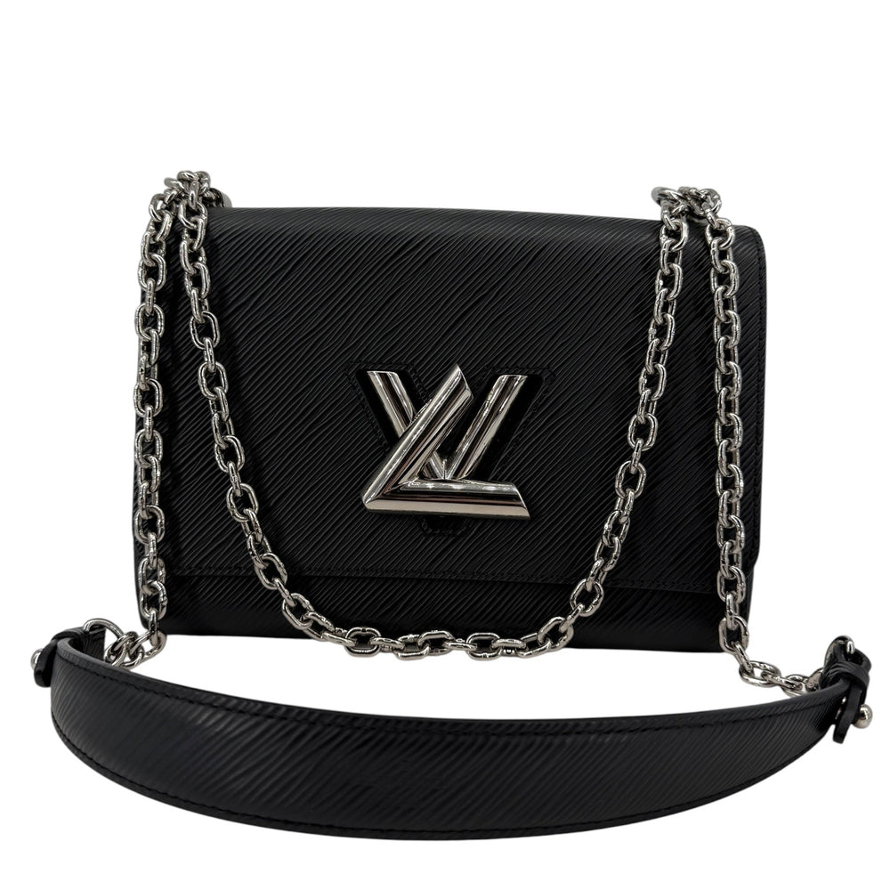 Louis Vuitton Epi Twist MM Black Noir Crossbody Shoulder Bag with Silver LV Lock and chain strap.