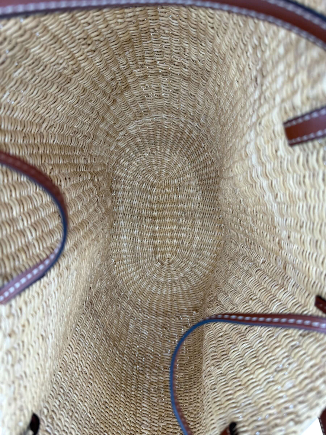 Loewe Raffia Basket Tote in Brown & Natural Tan | LuxLoveLouis interior view showcasing handcrafted raffia detail.