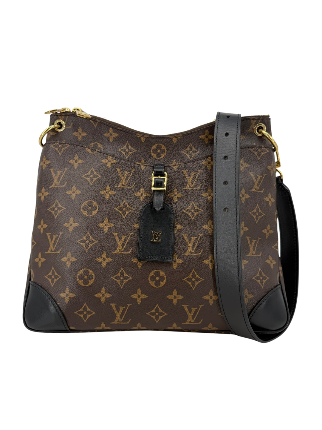 Louis Vuitton Monogram Odeon MM shoulder bag with black leather trim and adjustable strap.