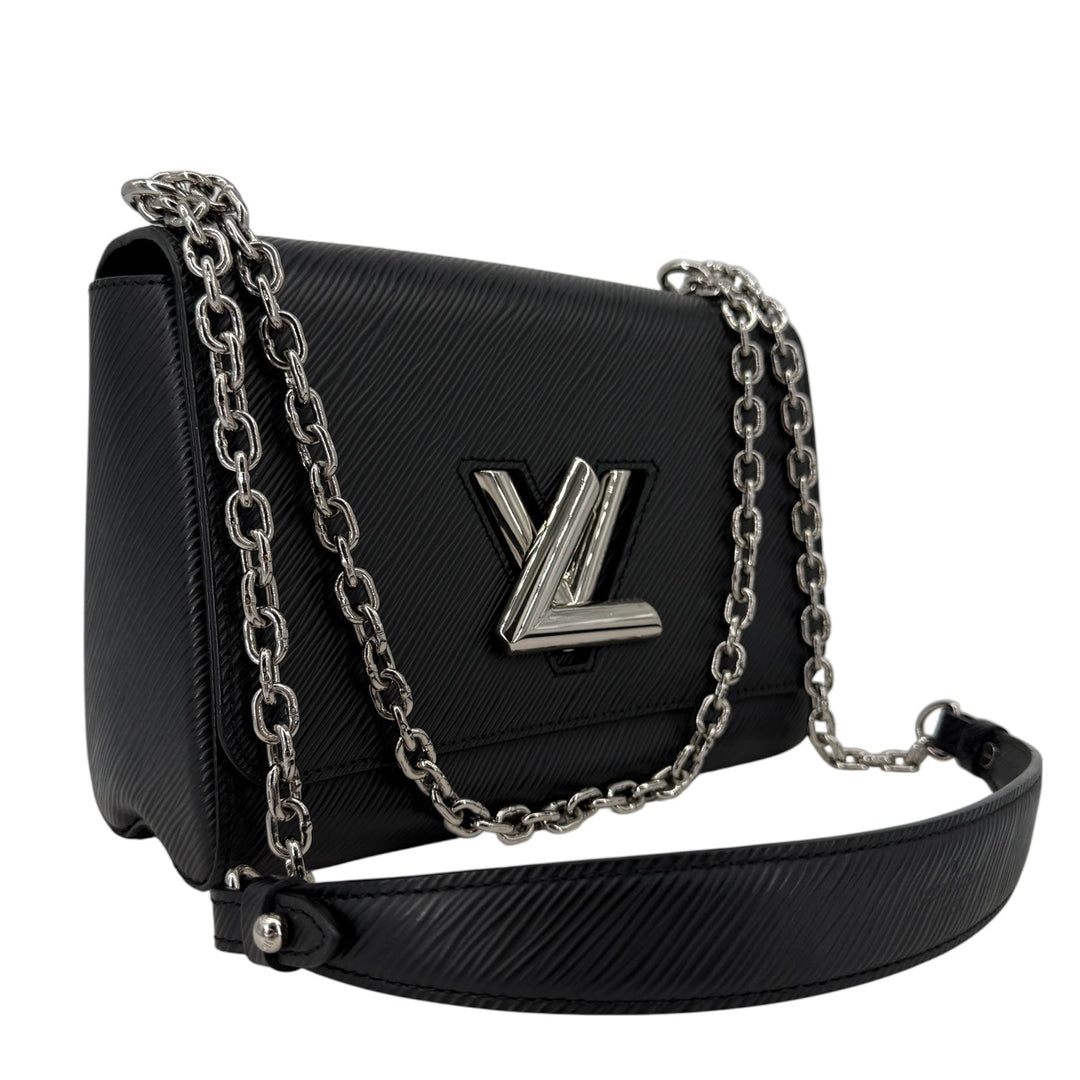 Louis Vuitton Epi Twist MM Black Noir Crossbody Bag with Silver LV Lock and Chain Strap.