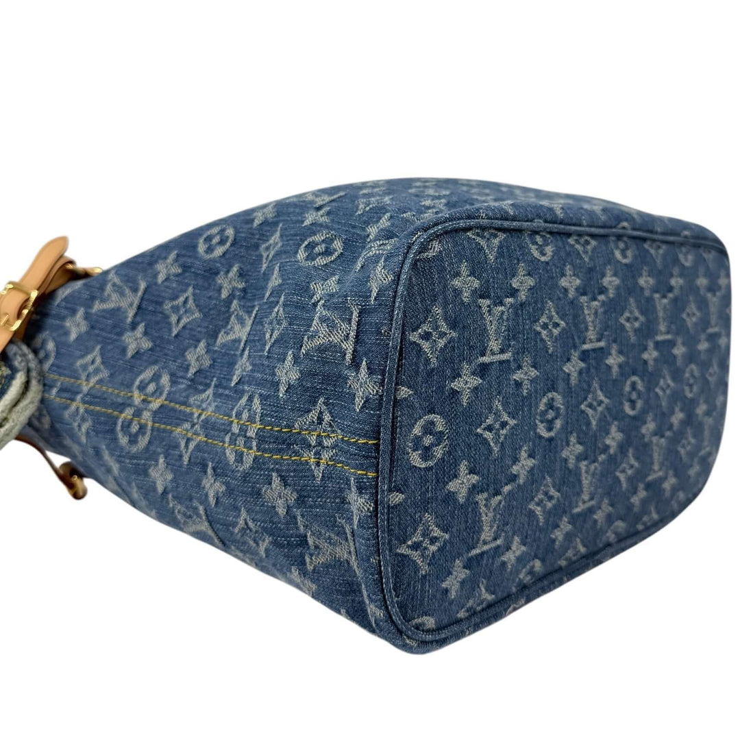 Louis Vuitton Neverfull MM Monogram Denim | LuxLoveLouis exterior view showcasing denim and logo pattern.