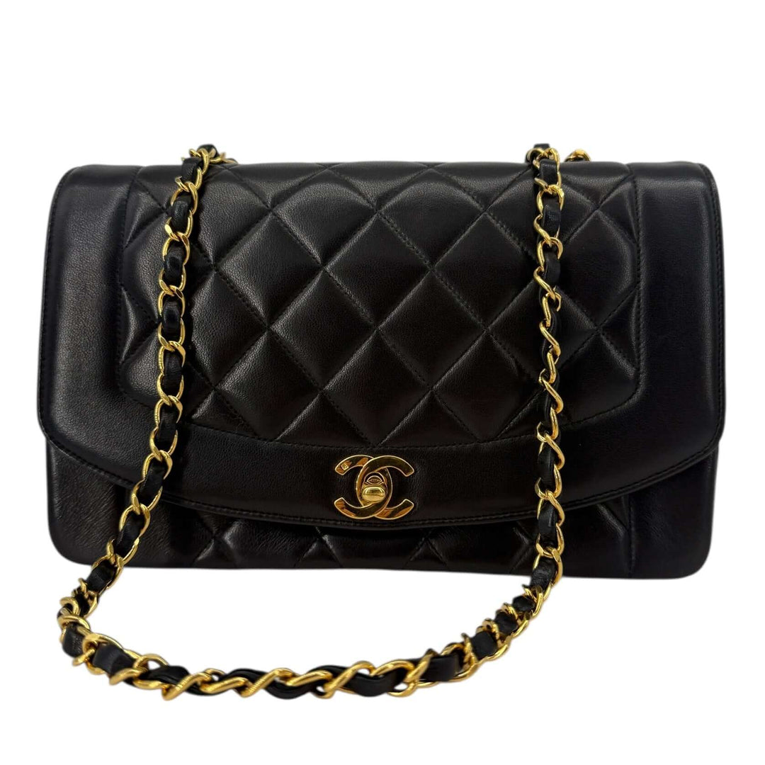 Chanel Diana 22 Small Black Lambskin Shoulder Bag | LuxLoveLouis featuring classic quilting and gold chain strap.