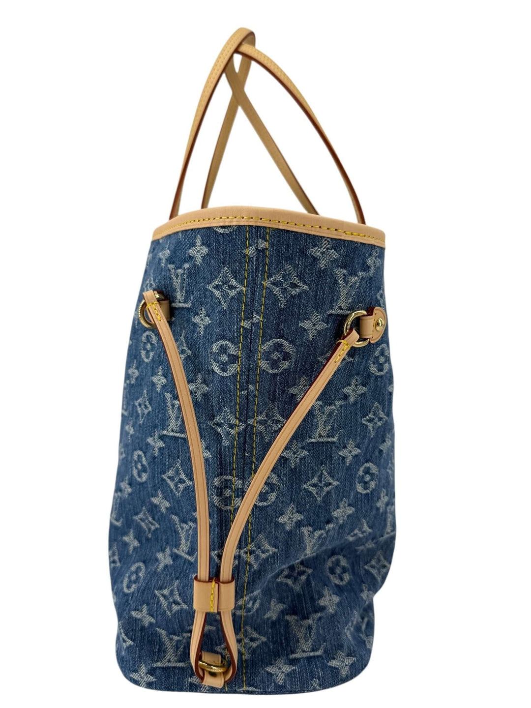 Louis Vuitton Neverfull MM Monogram Denim | LuxLoveLouis side view showcasing denim material and natural cowhide trim.