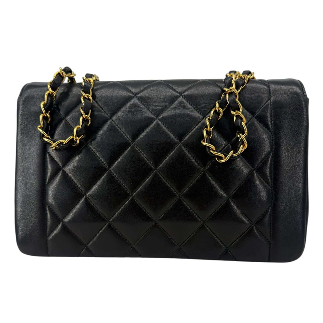 Chanel Diana 22 Small Black Lambskin Shoulder Bag | LuxLoveLouis showcasing classic matelassé quilting and elegant chain straps.