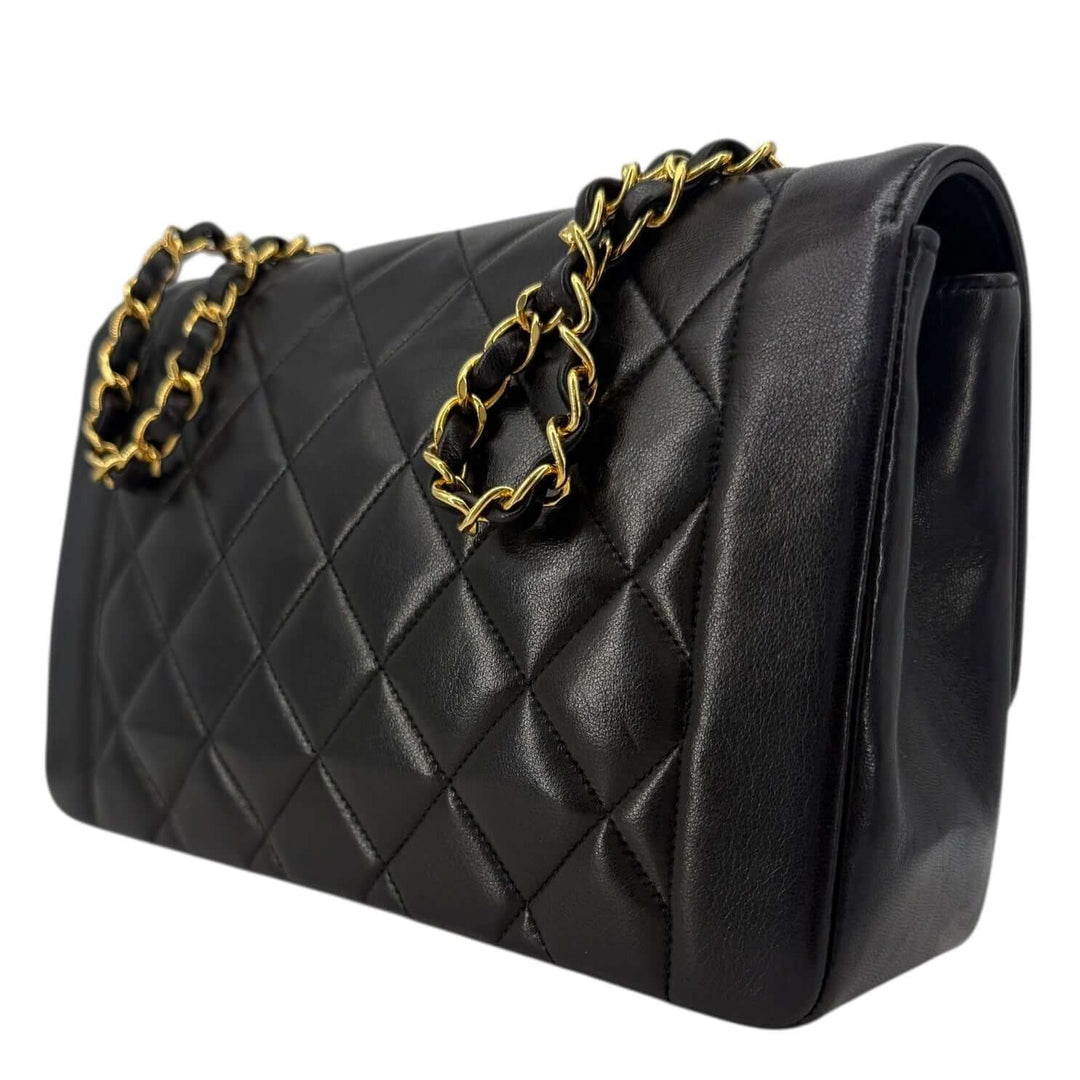 Chanel Diana 22 Small Black Lambskin Shoulder Bag | LuxLoveLouis featuring signature quilting and gold chain accents.