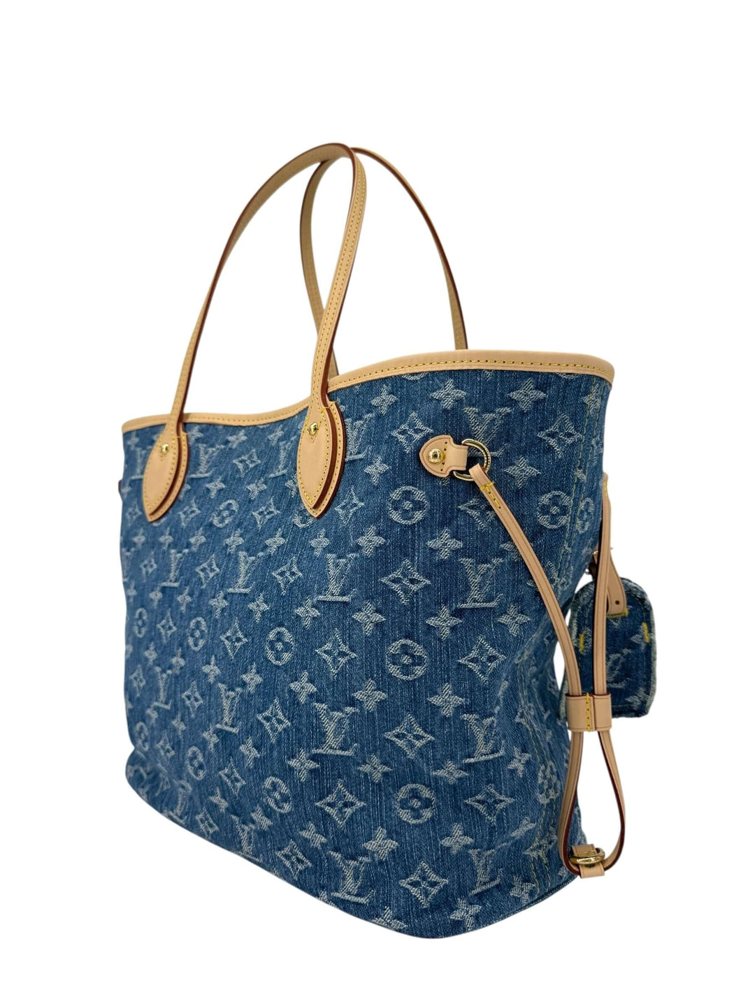 Louis Vuitton Neverfull MM Monogram Denim | LuxLoveLouis side view showcasing denim finish and natural cowhide trim.