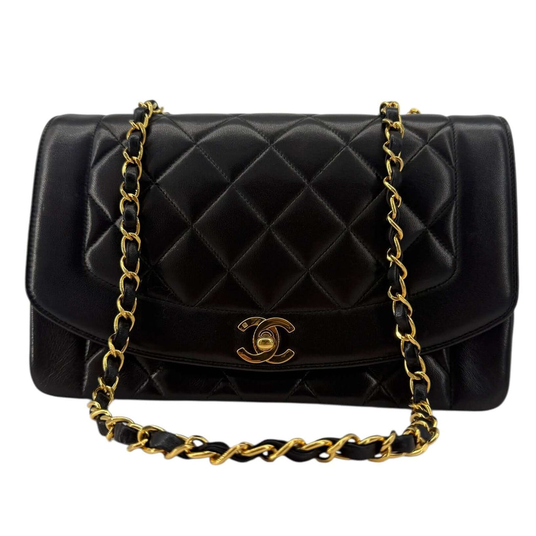 Chanel Diana 22 Small Black Lambskin Shoulder Bag | LuxLoveLouis with quilted detailing and gold chain strap.