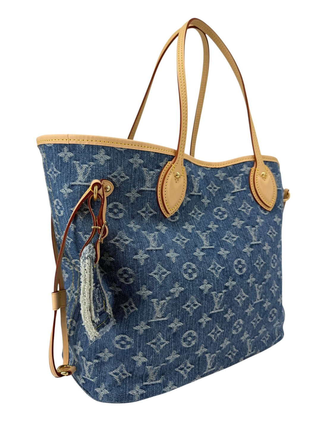 Louis Vuitton Neverfull MM Monogram Denim | LuxLoveLouis stylish denim tote with natural cowhide trim and adjustable side laces.