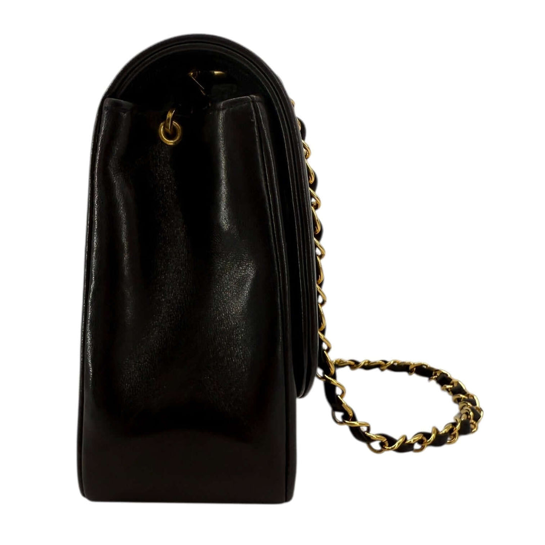 Chanel Diana 22 Small Black Lambskin Shoulder Bag | LuxLoveLouis side view showcasing its elegant design and gold chain detailing.