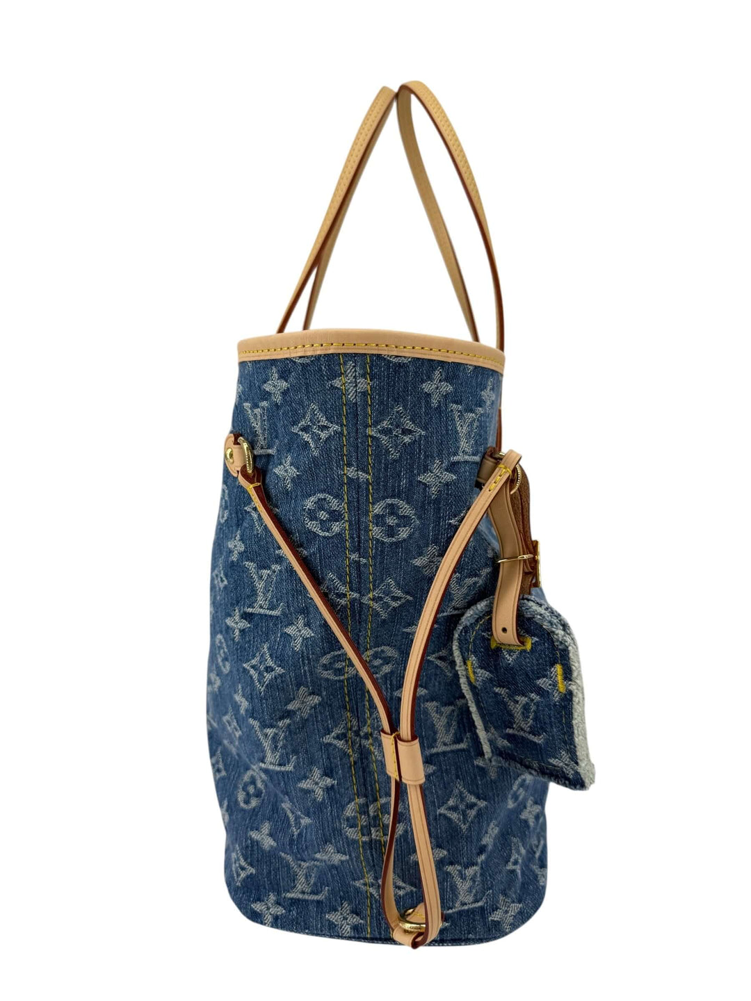 Louis Vuitton Neverfull MM Monogram Denim | LuxLoveLouis side view showcasing denim texture and natural cowhide trim