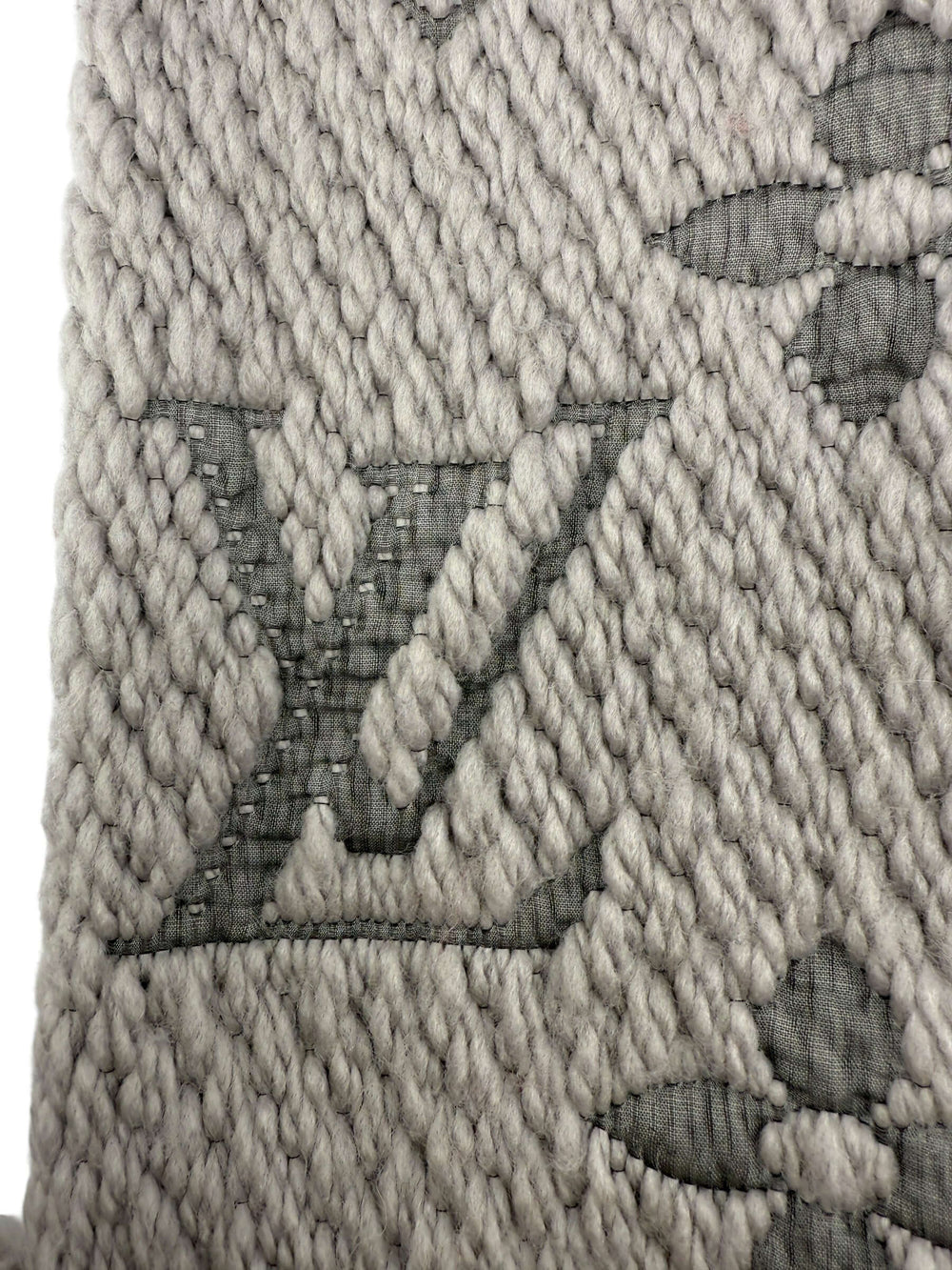 Louis Vuitton Monogram Shine Scarf Grey Wool Silk | LuxLoveLouis close-up of jacquard weave showing iconic LV logo.