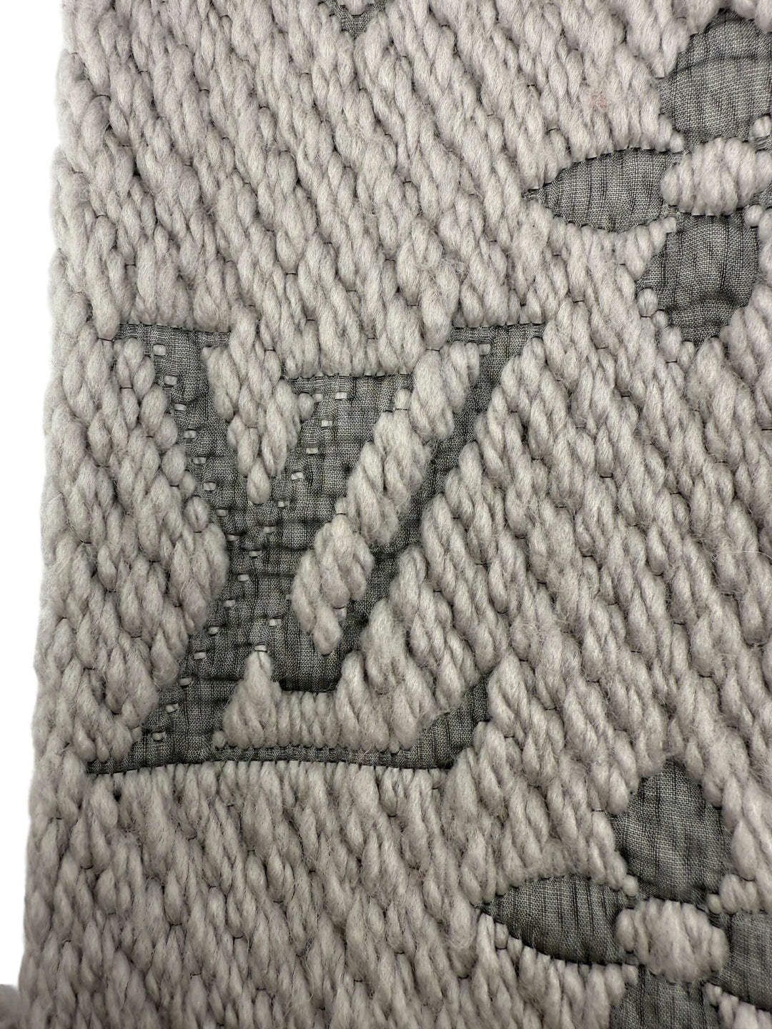 Louis Vuitton Monogram Shine Scarf Grey Wool Silk | LuxLoveLouis close-up of jacquard weave showing iconic LV logo.