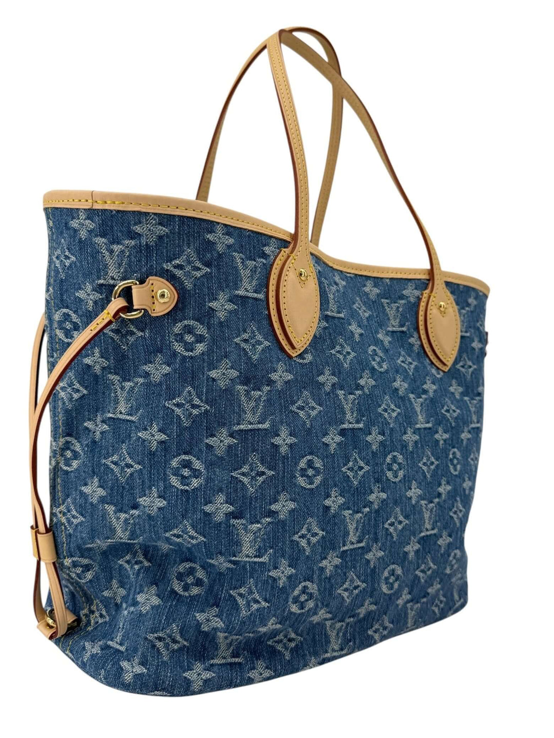 Louis Vuitton Neverfull MM Monogram Denim | LuxLoveLouis stylish denim tote with cowhide trim and adjustable side laces.