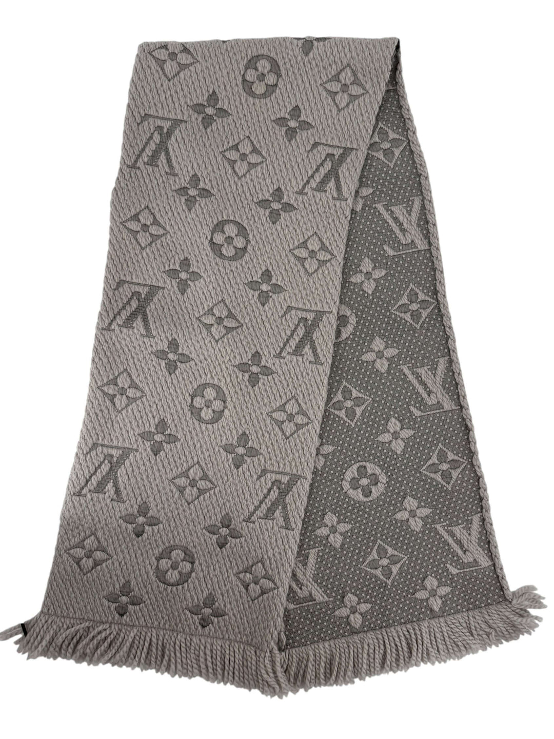 Louis Vuitton Monogram Shine Scarf Grey Wool Silk | LuxLoveLouis showcasing intricate jacquard weave and luxe texture.
