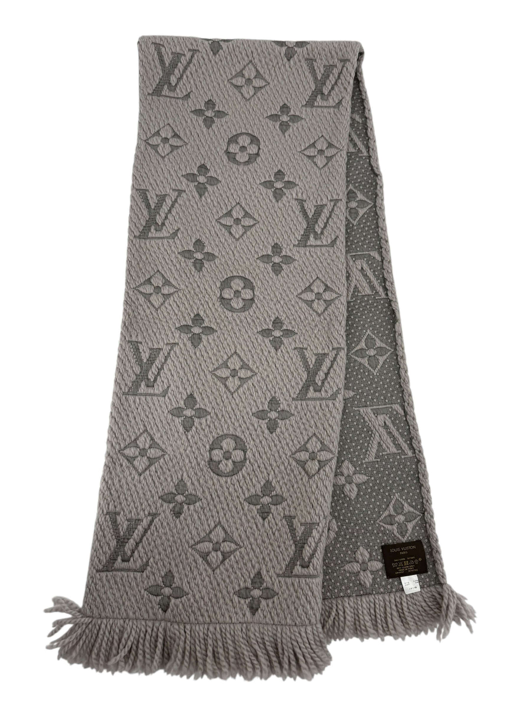 Louis Vuitton Monogram Shine Scarf Grey Wool Silk | LuxLoveLouis displayed flat showcasing its jacquard weave and luxurious texture.
