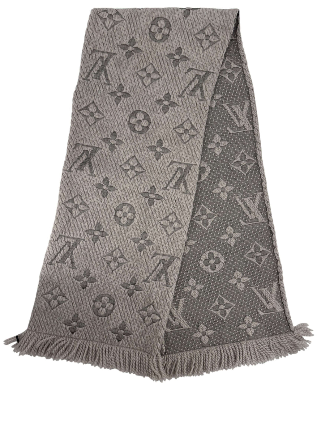 Louis Vuitton Monogram Shine Scarf Grey Wool Silk | LuxLoveLouis featuring iconic monogram design in luxurious grey wool and silk.