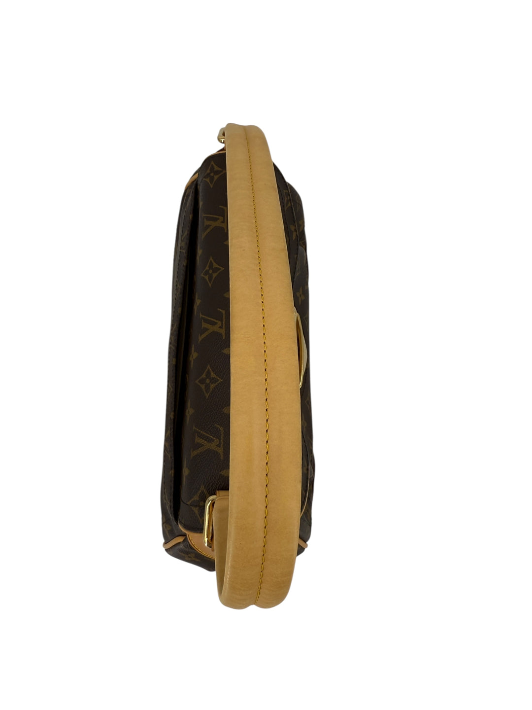 Side view of Louis Vuitton Monogram Beverly MM shoulder bag showcasing monogram canvas and vachetta leather trim.