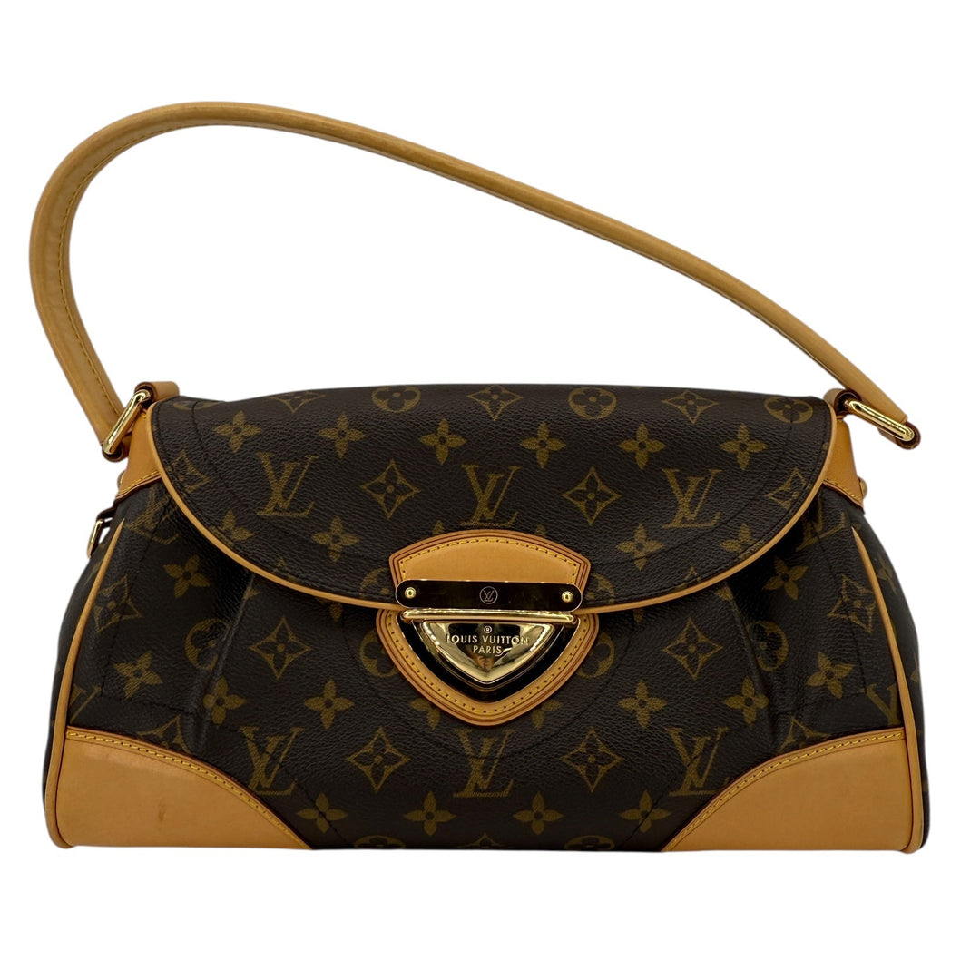 Louis Vuitton Monogram Beverly MM shoulder bag in coated canvas with vachetta leather trim and brass hardware.