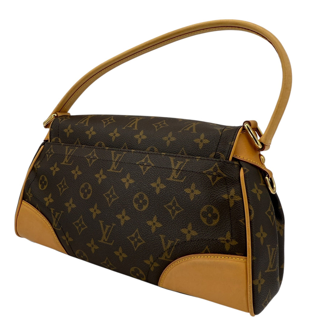 Louis Vuitton Monogram Beverly MM shoulder bag in coated canvas with vachetta leather trim and brass hardware.