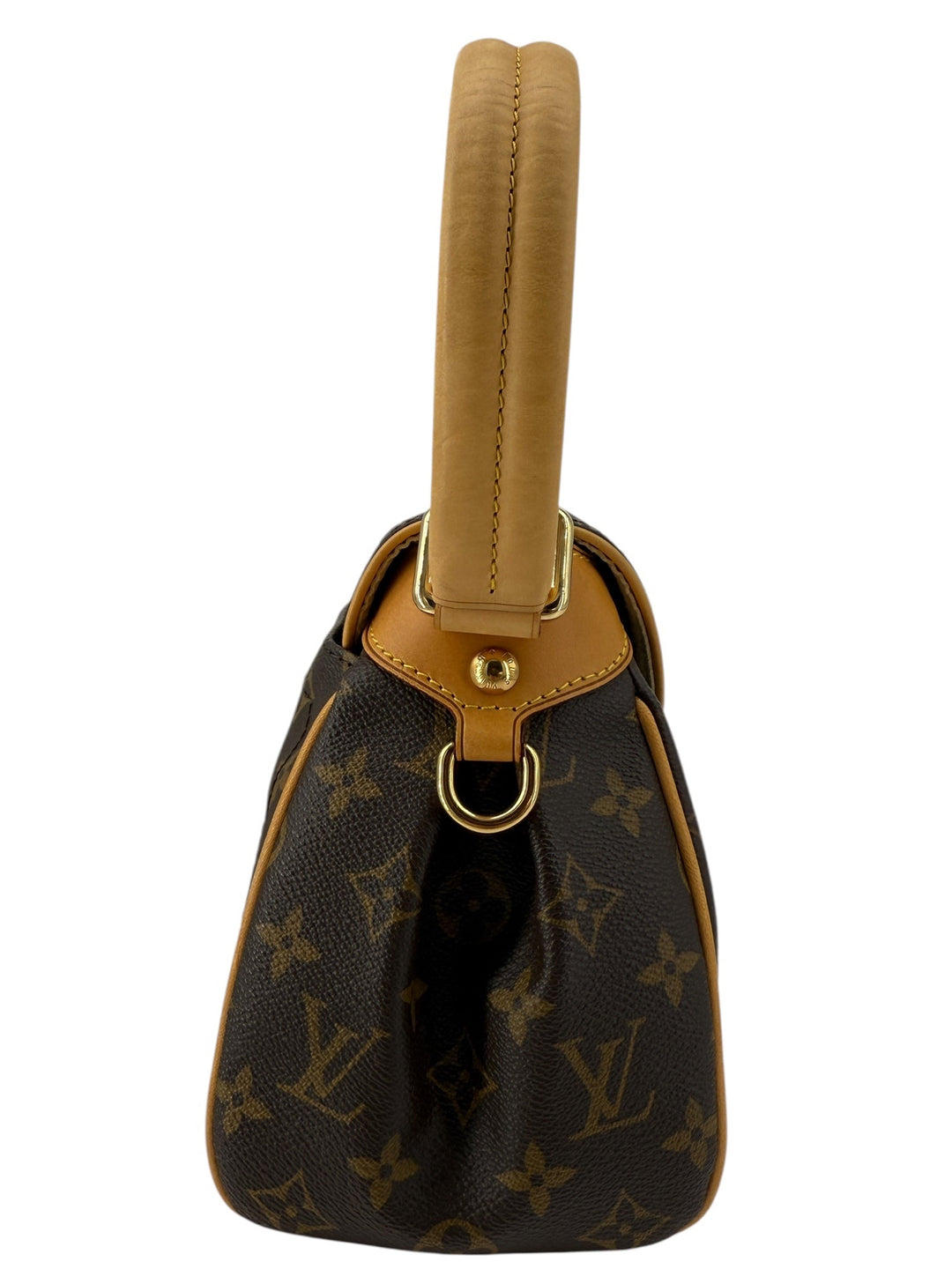 Louis Vuitton Monogram Beverly MM shoulder bag featuring polished brass hardware and natural vachetta leather trim.
