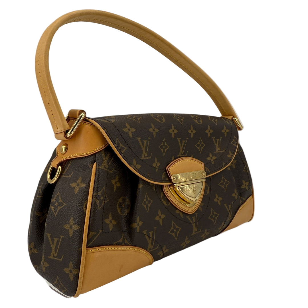 Louis Vuitton Monogram Beverly MM shoulder bag with vachetta leather trim and structured flap silhouette.