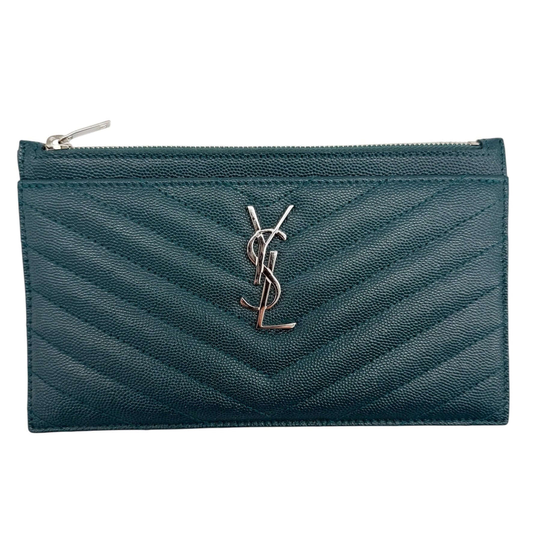 Saint Laurent Zippy Wallet in teal calfskin leather with chevron pattern and YSL logo, ideal for stylish everyday carry.