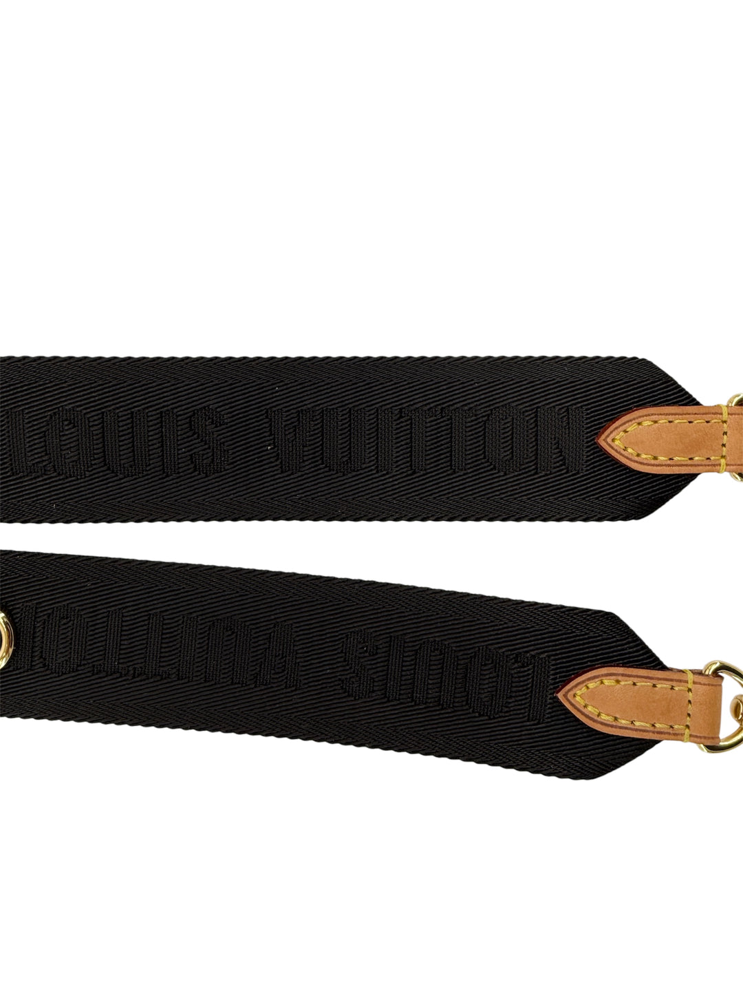 Louis Vuitton crossbody bag strap in black canvas with embossed logo and leather detailing.