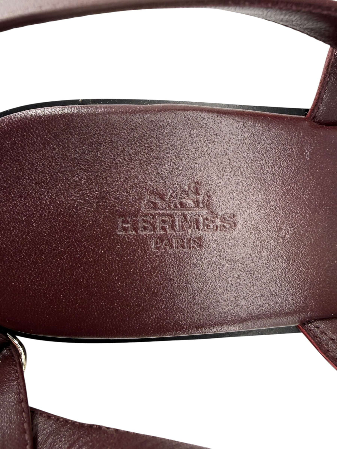 Hermès Leather Slide Sandals in Burgundy – Size 41 logo detail embossed on smooth burgundy leather.