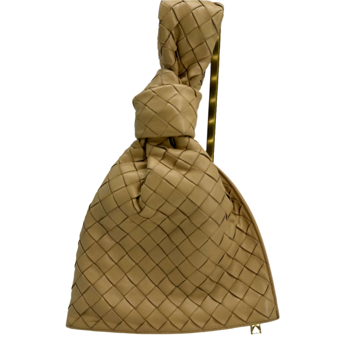Bottega Veneta Nappa Intrecciato BV Twist Clutch in signature woven lambskin with unique knotted detail.