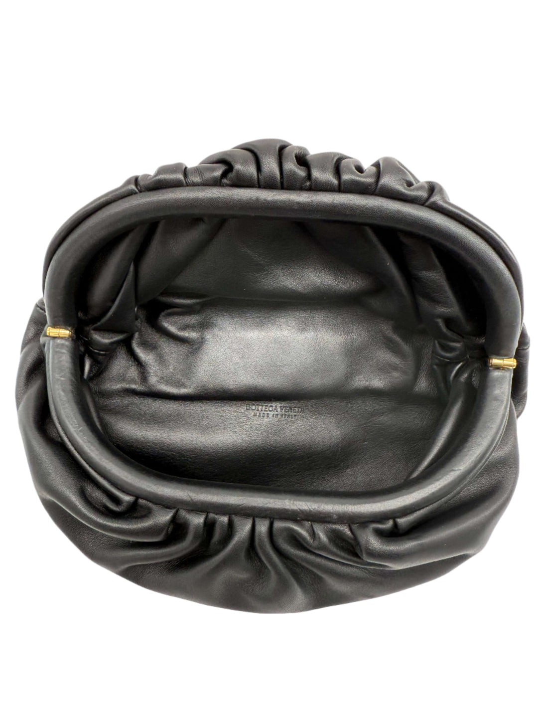 Interior view of Bottega Veneta The Pouch Chain bag showcasing its soft calfskin leather and ruched design.