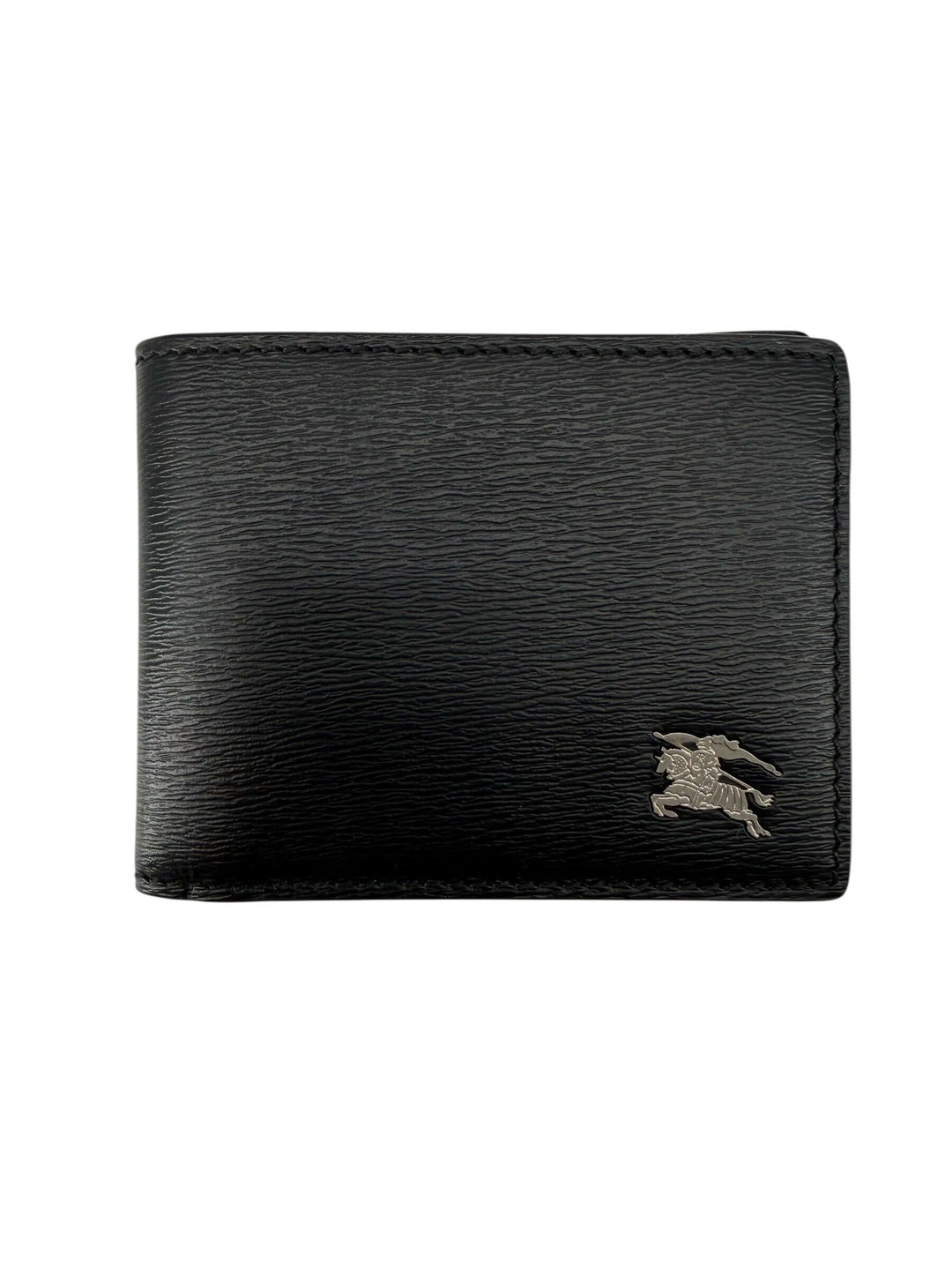 Burberry Black Leather Equestrian Knight Device Bifold Wallet displayed from the front, featuring the signature logo emblem.