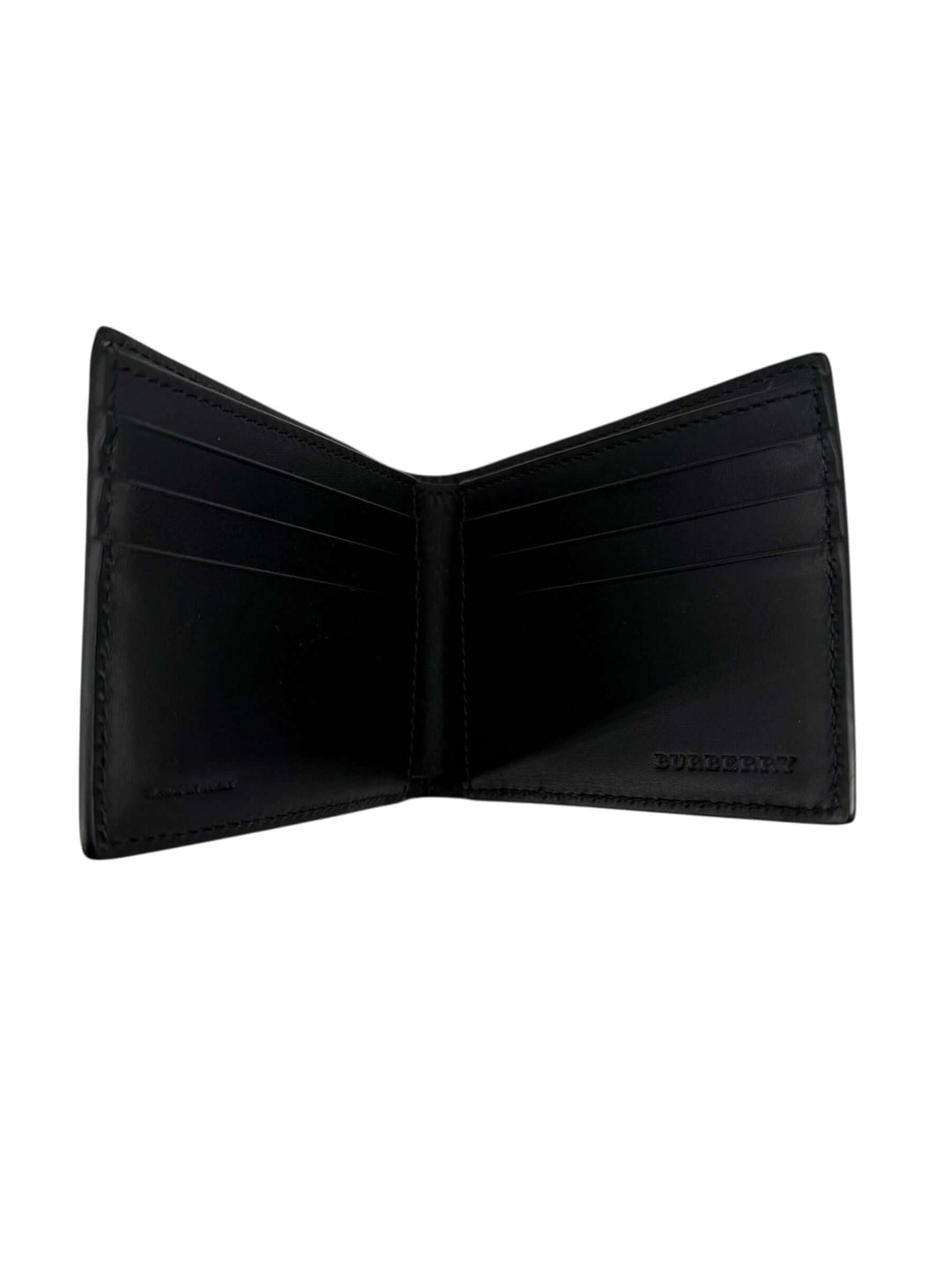 Burberry Black Leather Equestrian Knight Device Bifold Wallet open view showcasing multiple card slots and sleek design.