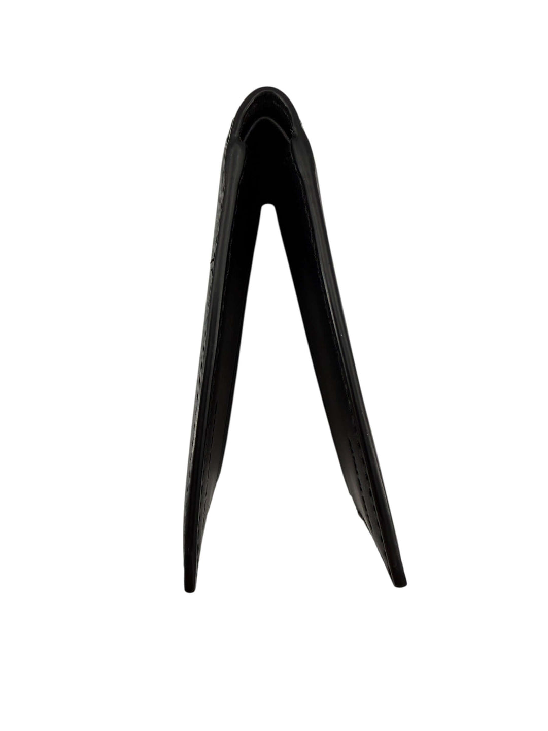 Burberry Black Leather Equestrian Knight Device Bifold Wallet displayed in an open position showcasing its sleek design.