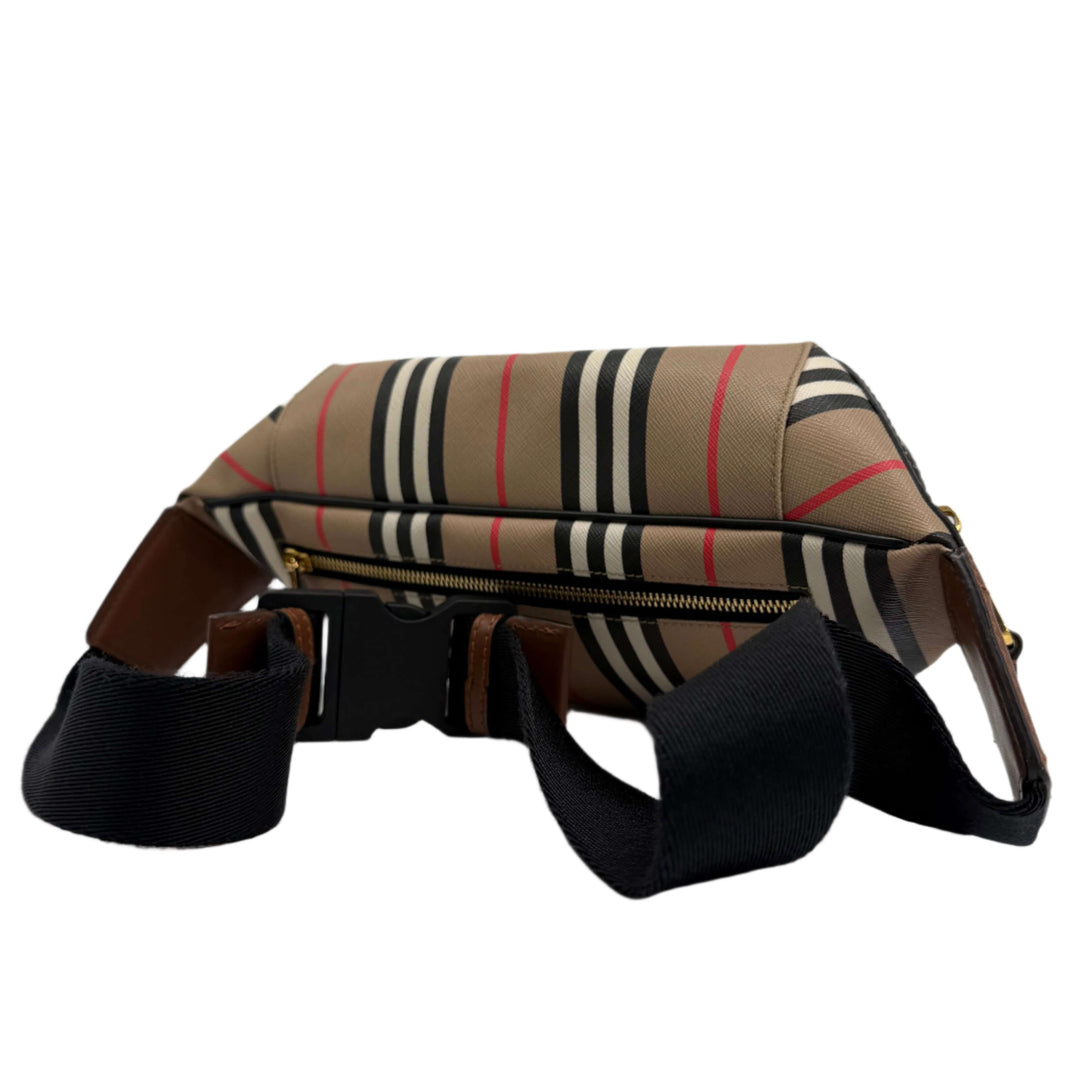 Burberry Icon Stripe Sonny Bum Bag in beige check with gold hardware and black strap, showcasing modern design and utility.