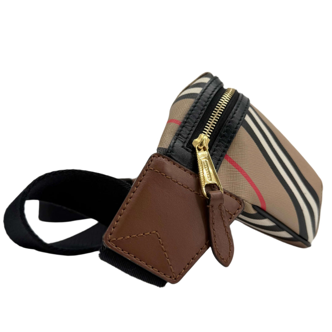 Burberry Icon Stripe Sonny Bum Bag in E-Canvas with gold hardware and Archive Check pattern, showcasing modern British design.