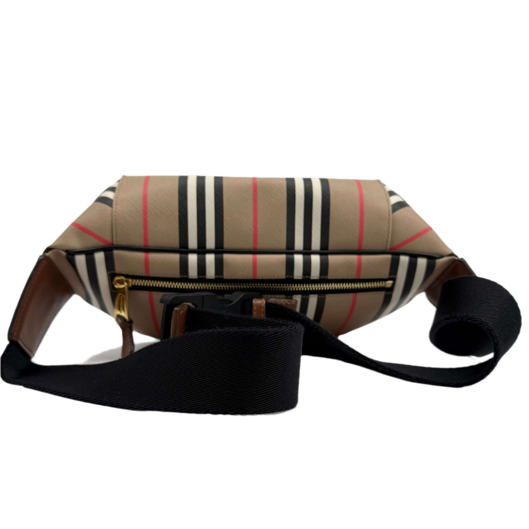 Burberry Icon Stripe Sonny Bum Bag in E-Canvas Archive Check with black leather trim and gold hardware, stylish side view.