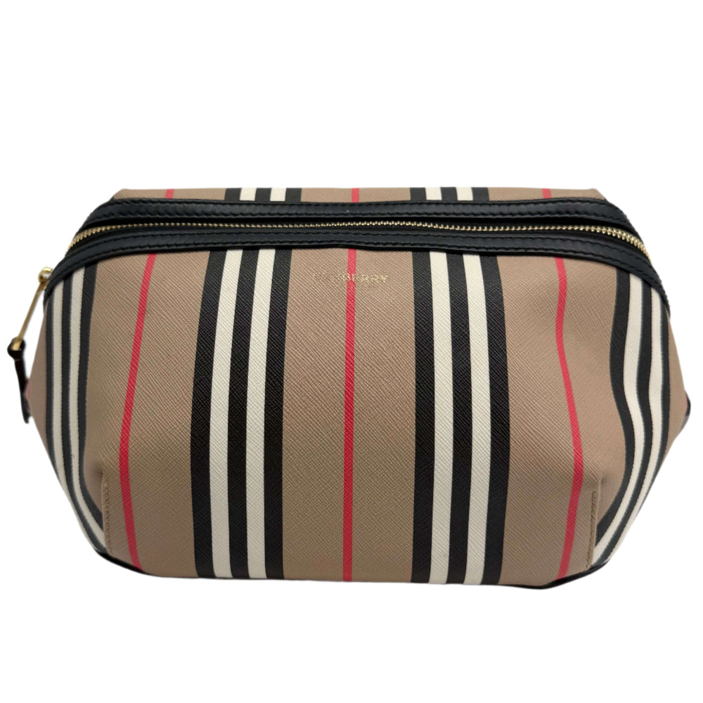 Burberry Icon Stripe Sonny Bum Bag in E-Canvas Archive Check pattern with black and gold hardware, ideal for modern utility.