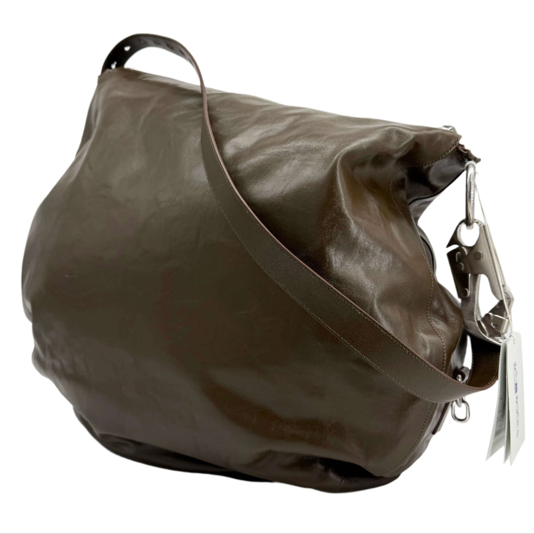 Burberry Large Knight Shoulder Bag in brown leather with heavy hardware, showcasing military-inspired design.