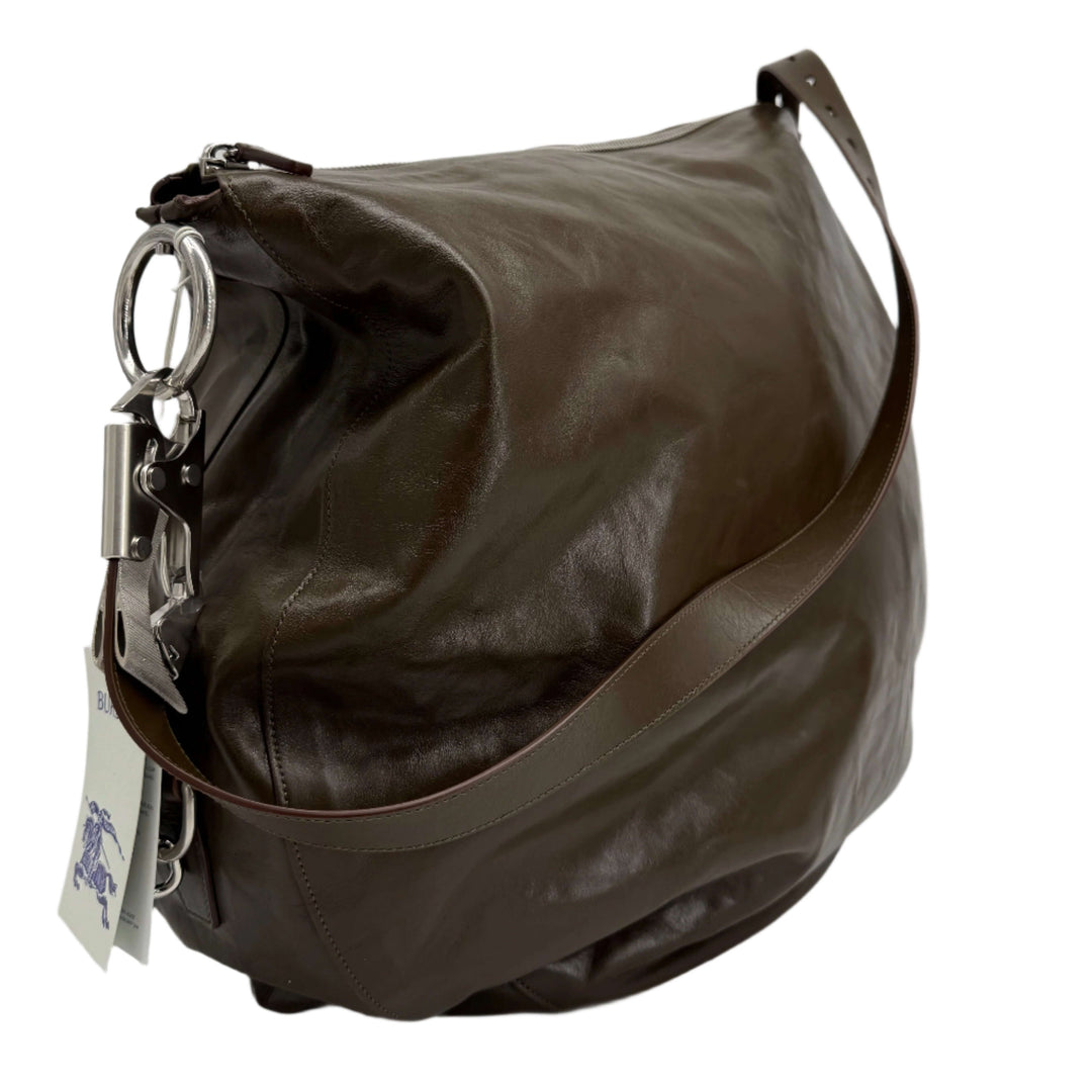 Burberry Large Knight Shoulder Bag in brown leather with heavy hardware, showcasing a military-inspired design.