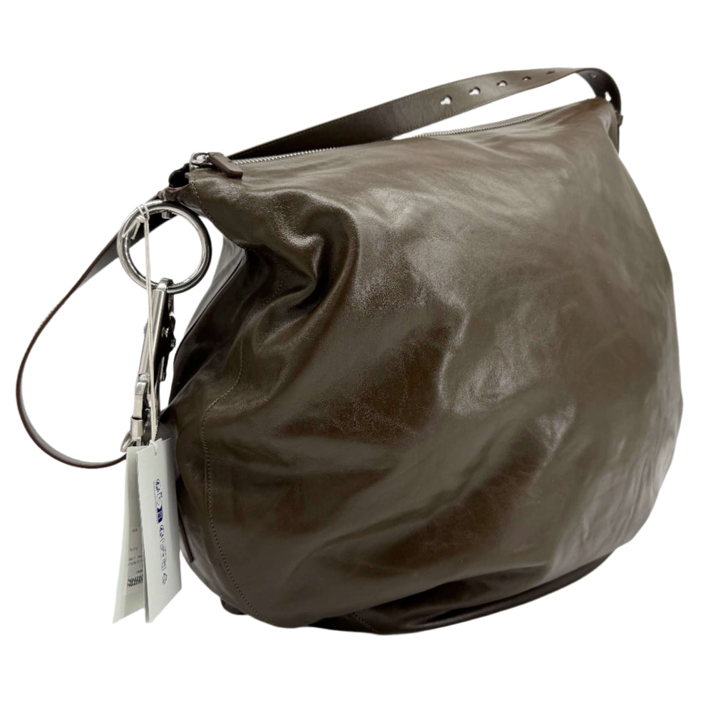 Burberry Large Knight Shoulder Bag in brown leather, featuring heavy hardware and a military-inspired design.