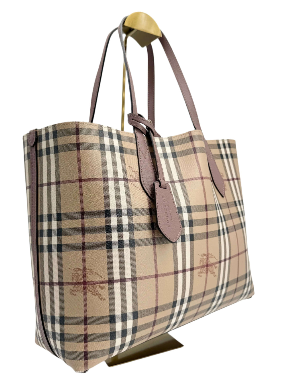 Burberry Medium Haymarket Check Reversible Tote in Light Elderberry with classic check pattern and calfskin leather accents.